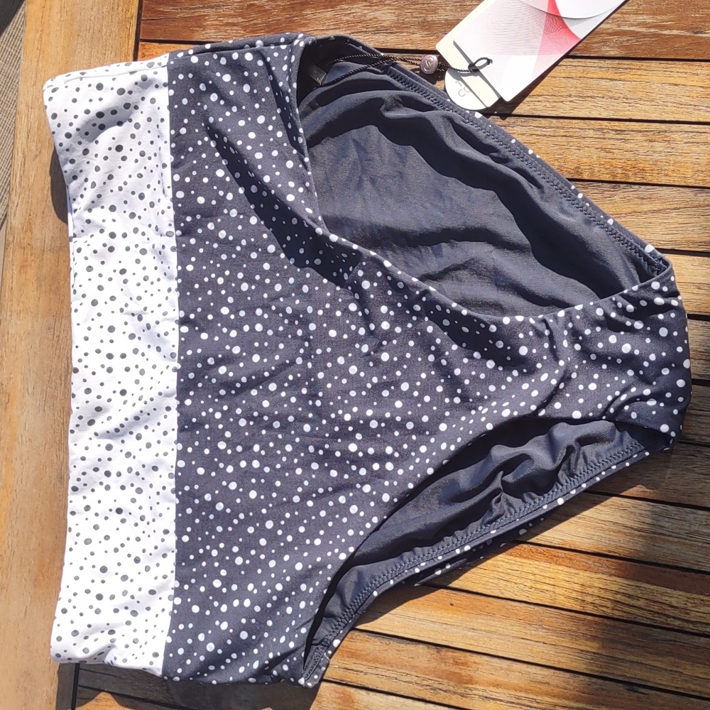 Calia S high rise swim bottom w polka dots, navy and white